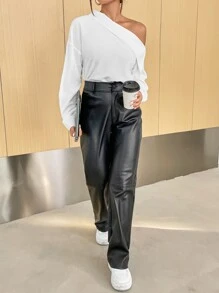 SHEIN Privé Work Women Solid Asymmetrical Neck Drop Shoulder Blouse - White - View 6