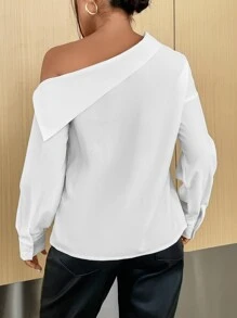 SHEIN Privé Work Women Solid Asymmetrical Neck Drop Shoulder Blouse - White - View 2