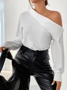 SHEIN Privé Work Women Solid Asymmetrical Neck Drop Shoulder Blouse - White - View 3