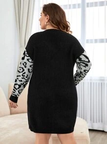 SHEIN LUNE Plus Leopard Pattern Pearls Beaded Sweater Dress - Black - View 2