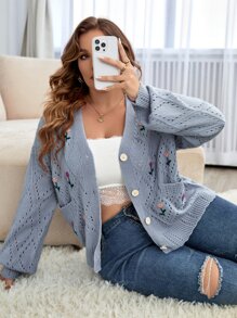SHEIN LUNE Plus Floral Embroidery Pointelle Knit Drop Shoulder Cardigan, For Winter Fall Cloth For Women - Dusty Blue - View 6