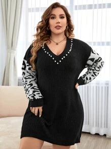 SHEIN LUNE Plus Leopard Pattern Pearls Beaded Sweater Dress - Black - View 5