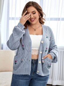 SHEIN LUNE Plus Floral Embroidery Pointelle Knit Drop Shoulder Cardigan, For Winter Fall Cloth For Women - Dusty Blue - View 5