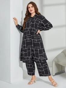 Mulvari 大碼幾何印花落肩袖襯衫和褲子 - 黑色 - 查看 1