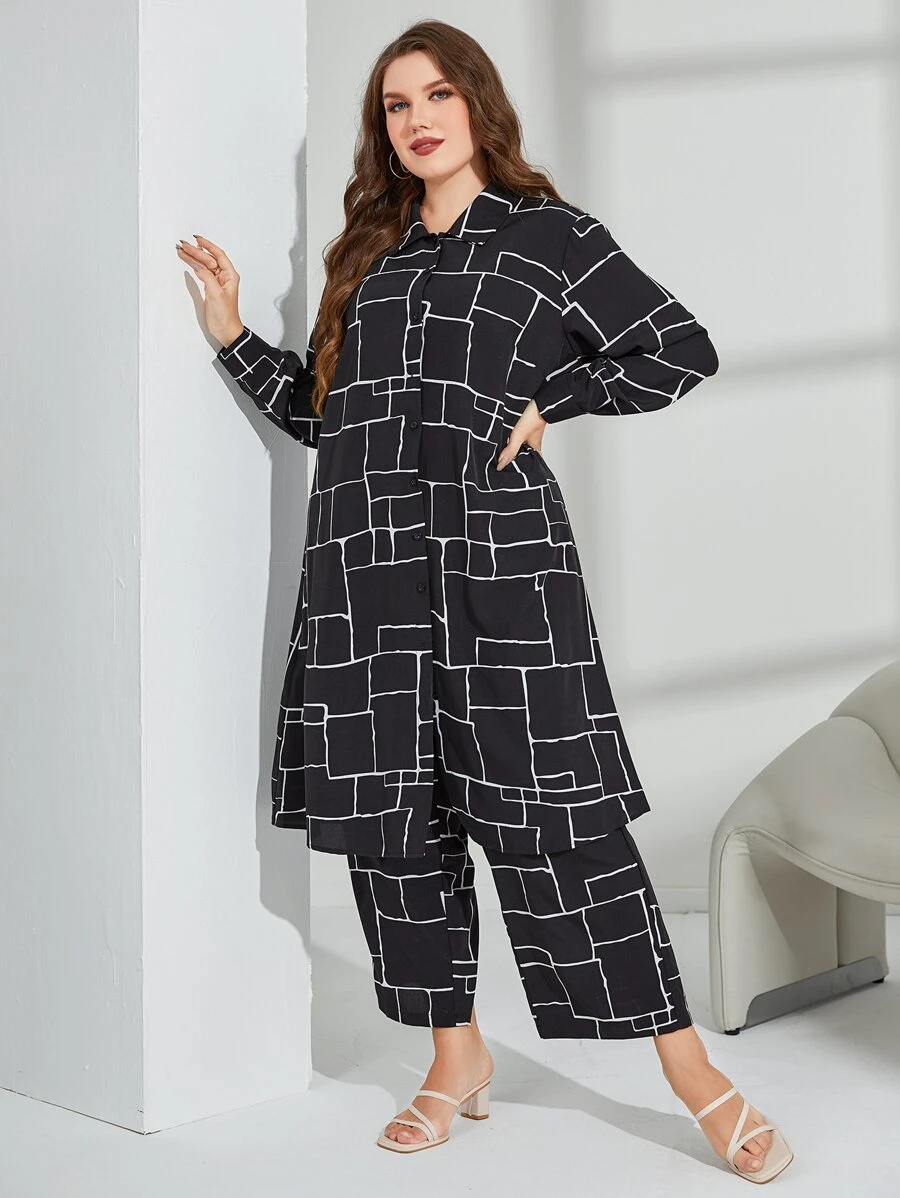 Mulvari 大碼幾何印花落肩袖襯衫和褲子 - 黑色 - 查看 1