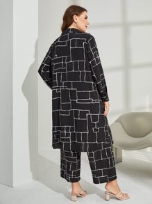 Mulvari 大碼幾何印花落肩袖襯衫和褲子 - 黑色 - 查看 2