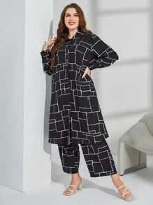 Mulvari 大碼幾何印花落肩袖襯衫和褲子 - 黑色 - 查看 3