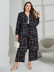 Mulvari 大碼幾何印花落肩袖襯衫和褲子 - 黑色 - 查看 5