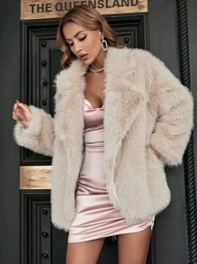 Allurite Drop Shoulder Lapel Neck Fuzzy Coat - Apricot - View 4