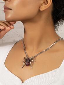 Rhinestone Decor Spider Charm Necklace - Antique Silver - View 1