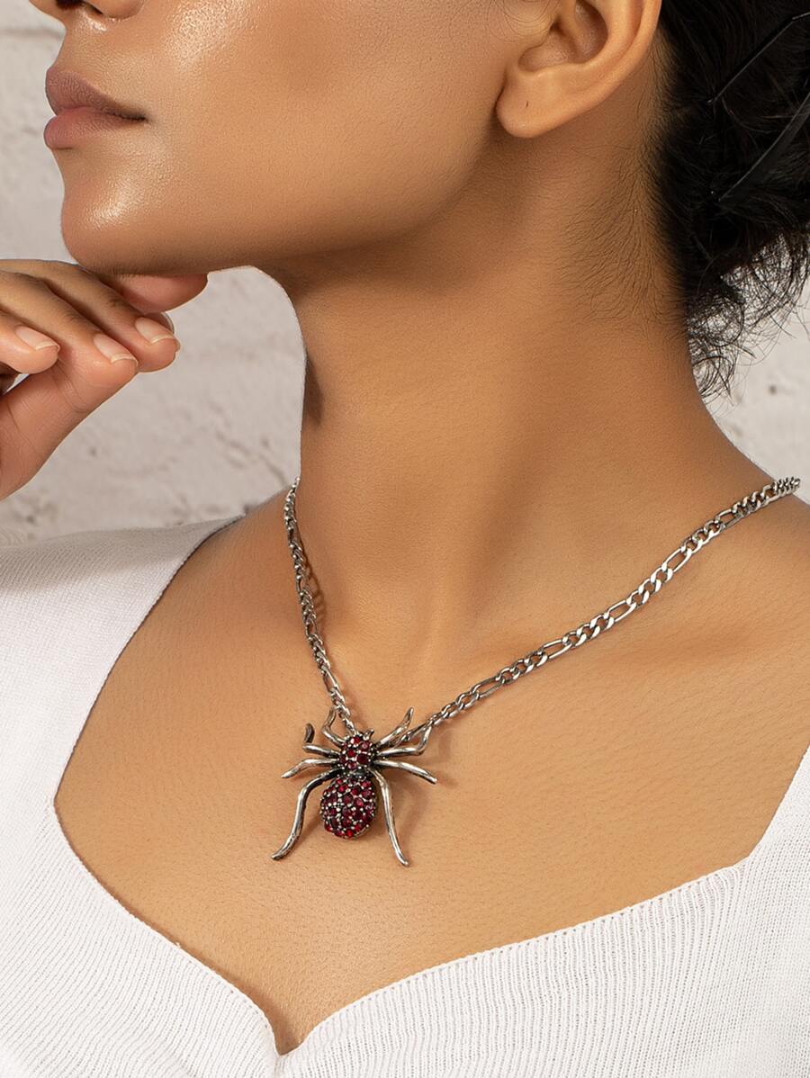 Rhinestone Decor Spider Charm Necklace - Antique Silver - View 1
