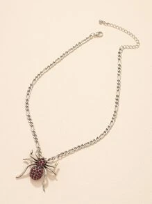 Rhinestone Decor Spider Charm Necklace - Antique Silver - View 3