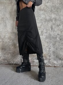 SHEIN ICON Gorpcore Drawstring Ruched Parachute Skirt - Black - View 3