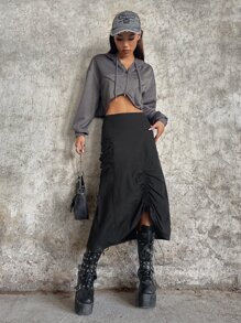 SHEIN ICON Gorpcore Drawstring Ruched Parachute Skirt - Black - View 5