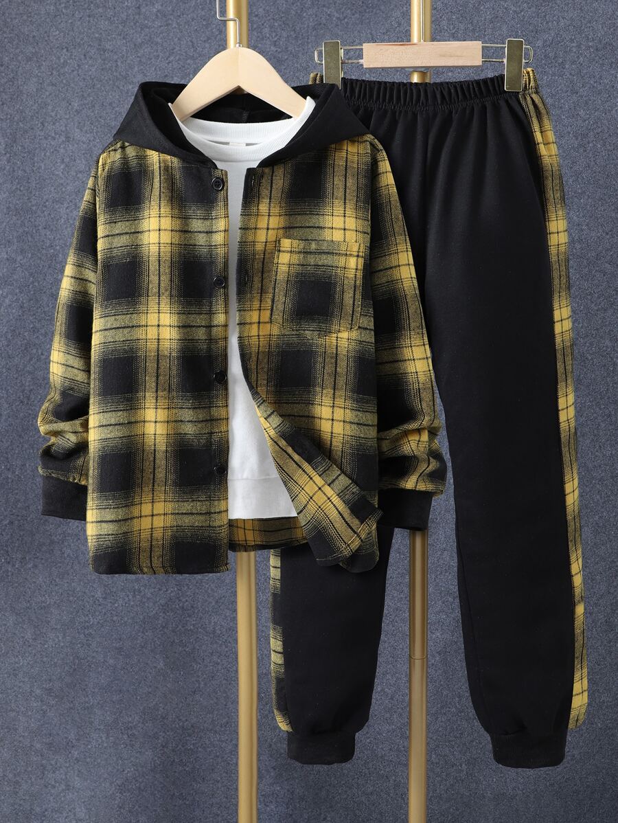 SHEIN Boys 1pc Plaid Print Button Front Hooded Shirt & 1pc Sweatpants - Multicolor - View 1