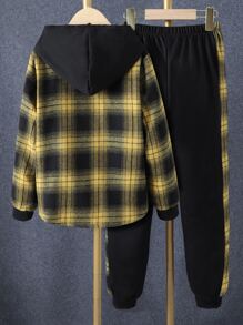 SHEIN Boys 1pc Plaid Print Button Front Hooded Shirt & 1pc Sweatpants - Multicolor - View 2