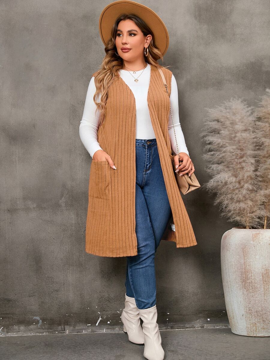 SHEIN LUNE Abrigo chaleco tejido de canalé con doble bolsillo con parte delantera abierta - Marrón - Ver 1