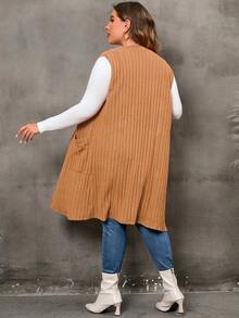 SHEIN LUNE Abrigo chaleco tejido de canalé con doble bolsillo con parte delantera abierta - Marrón - Ver 2