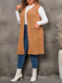 SHEIN LUNE Abrigo chaleco tejido de canalé con doble bolsillo con parte delantera abierta - Marrón - Ver 3