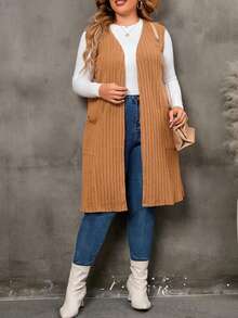 SHEIN LUNE Abrigo chaleco tejido de canalé con doble bolsillo con parte delantera abierta - Marrón - Ver 4