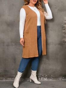 SHEIN LUNE Abrigo chaleco tejido de canalé con doble bolsillo con parte delantera abierta - Marrón - Ver 5