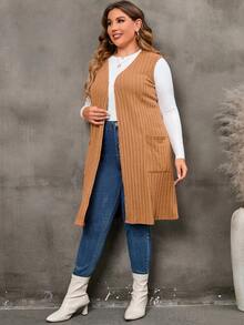 SHEIN LUNE Abrigo chaleco tejido de canalé con doble bolsillo con parte delantera abierta - Marrón - Ver 6