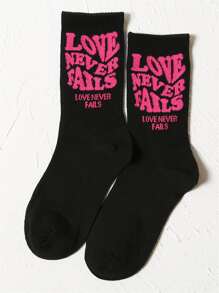 Slogan Graphic Crew Socks - Black - View 1