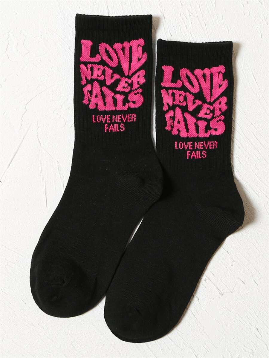 Slogan Graphic Crew Socks - Black - View 1