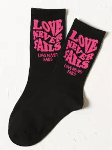 Slogan Graphic Crew Socks - Black - View 2
