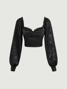 ROMWE PUNK Áo sơ mi nữ Tương phản ren viền lá sen màu trơn Hấp dẫn - màu đen - Xem 2