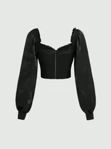 ROMWE PUNK Áo sơ mi nữ Tương phản ren viền lá sen màu trơn Hấp dẫn - màu đen - Xem 5