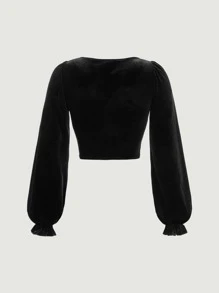 SHEIN MOD 前繫帶荷葉袖絲絨短款上衣 - 黑色 - 查看 5