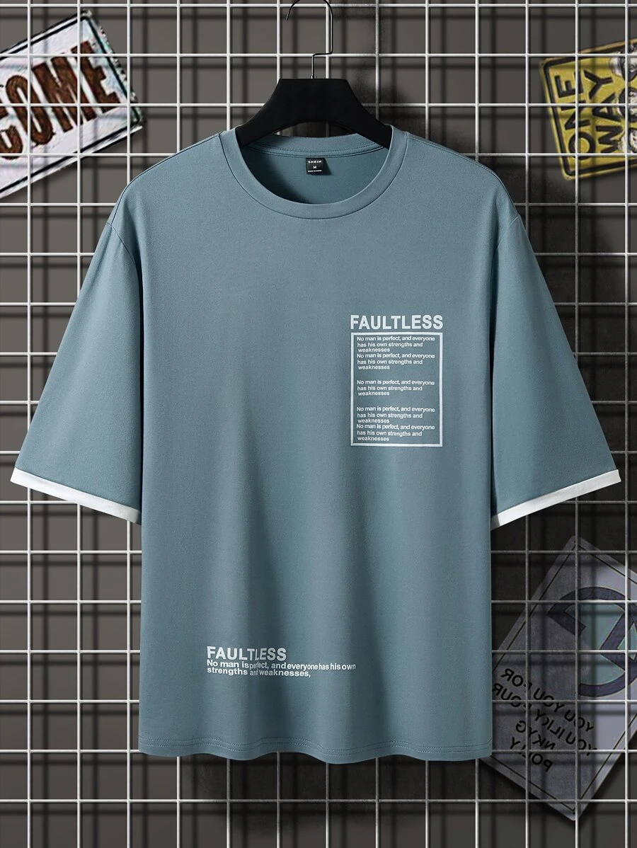 Manfinity Tops Nam Slogan Giải trí - Màu xanh bụi bặm - Xem 1