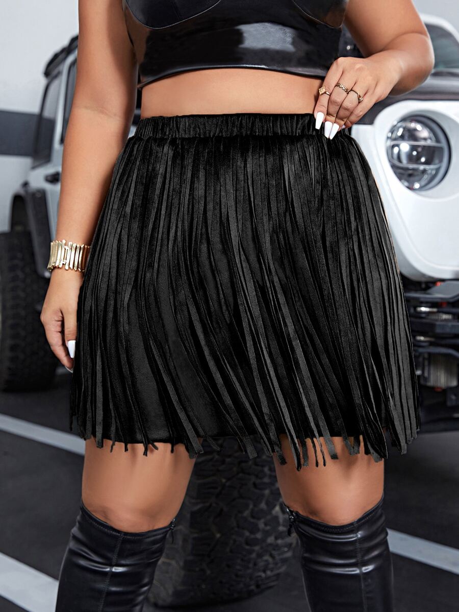 Flirla Váy Plus Size mép màu trơn Boho - màu đen - Xem 1