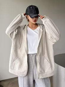 DAZY Cable Textured Dây kéo Thả vai Dây rút Hoodie - Màu be - Xem 4