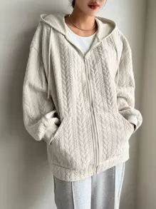 DAZY Cable Textured Dây kéo Thả vai Dây rút Hoodie - Màu be - Xem 1