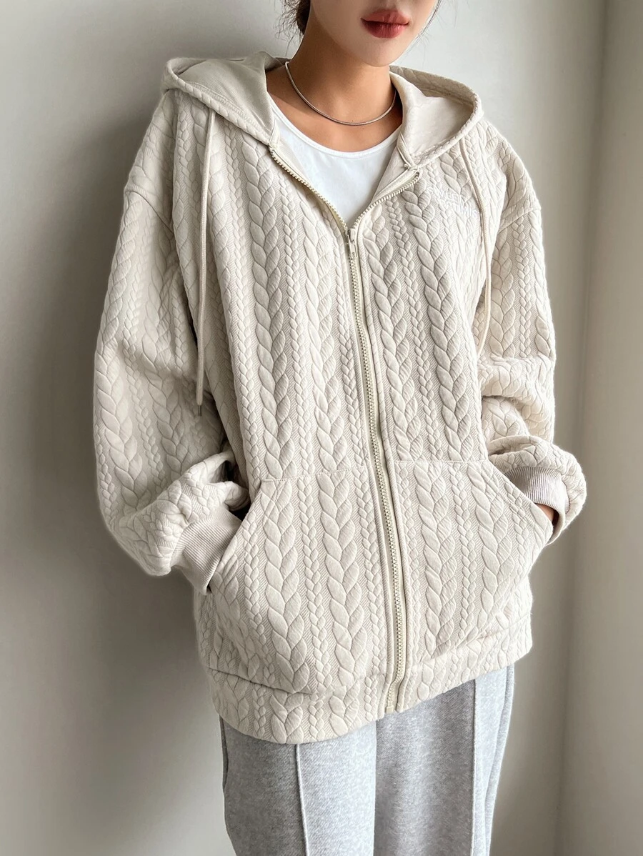 DAZY Cable Textured Dây kéo Thả vai Dây rút Hoodie - Màu be - Xem 1