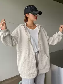 DAZY Cable Textured Dây kéo Thả vai Dây rút Hoodie - Màu be - Xem 7