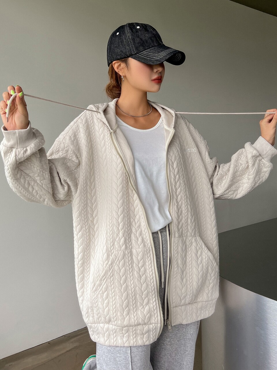 Cable Textured Zip Up Drop Shoulder Drawstring Hoodie