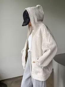 DAZY Cable Textured Dây kéo Thả vai Dây rút Hoodie - Màu be - Xem 6