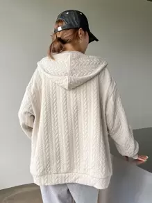 DAZY Cable Textured Dây kéo Thả vai Dây rút Hoodie - Màu be - Xem 2