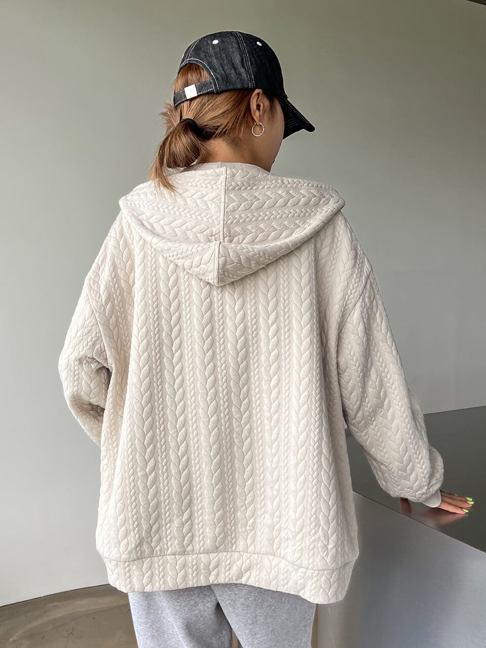 Cable Textured Zip Up Drop Shoulder Drawstring Hoodie