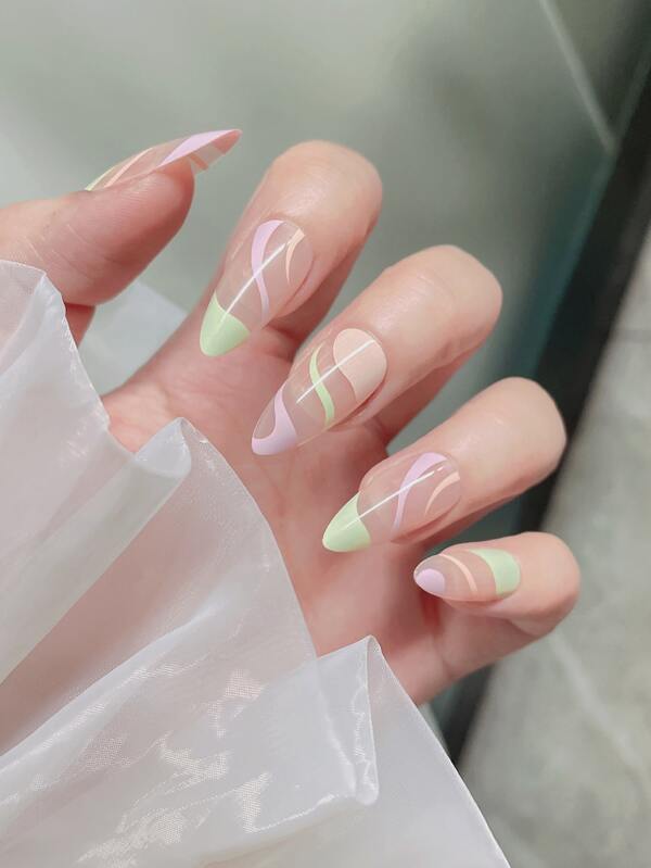 24Pcs Short Almond Color Block Fake Nail & 1Sheet Tape & 1Pc Nail File Press On Nails Nail Supplies Nails