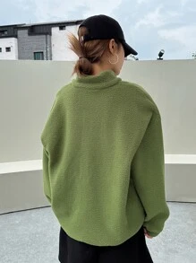 DAZY Patched Detail Drop Shoulder Half Zip Fleece Sweatshirt,Long Sleeve Tops,Fall Women Clothes - Lime Green - View 4