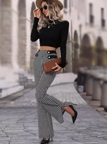 SHEIN Frenchy Houndstooth High Waisted Flare Leg Trousers - Black and White - View 1