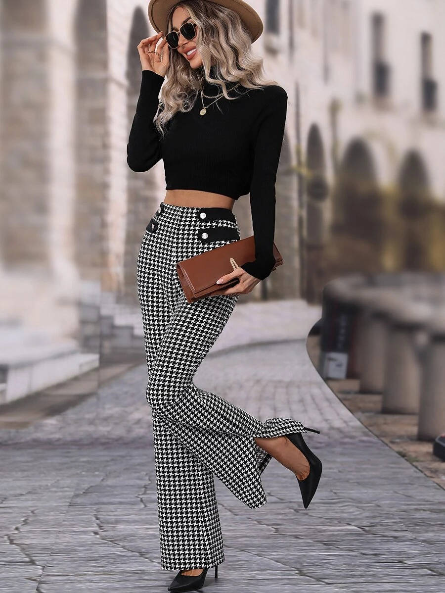 SHEIN Frenchy Houndstooth High Waisted Flare Leg Trousers - Black and White - View 1