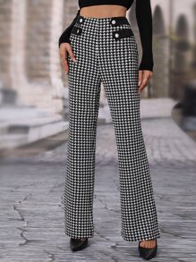 SHEIN Frenchy Houndstooth High Waisted Flare Leg Trousers - Black and White - View 3