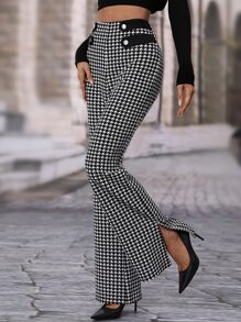 SHEIN Frenchy Houndstooth High Waisted Flare Leg Trousers - Black and White - View 4