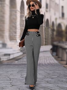 SHEIN Frenchy Houndstooth High Waisted Flare Leg Trousers - Black and White - View 6