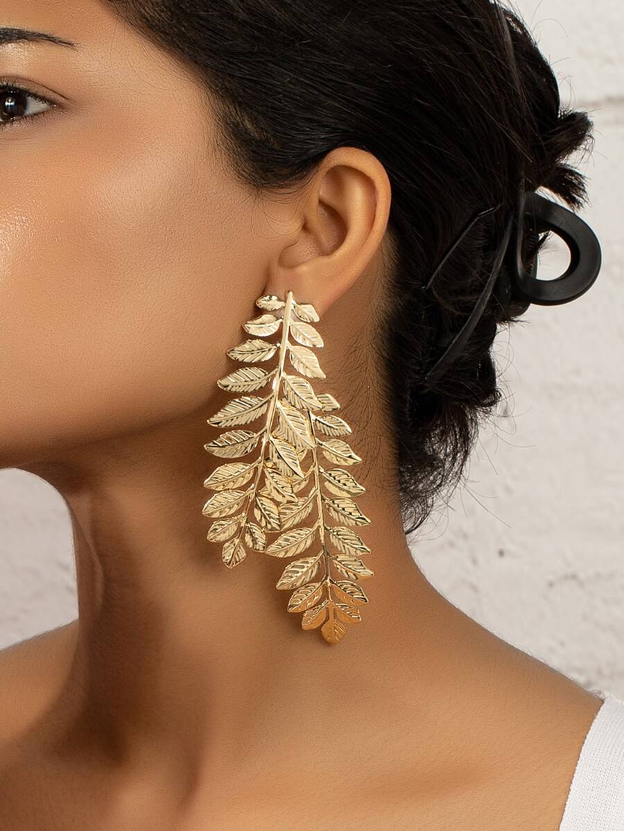 Leaf Design Earrings - Yellow Gold - View 1